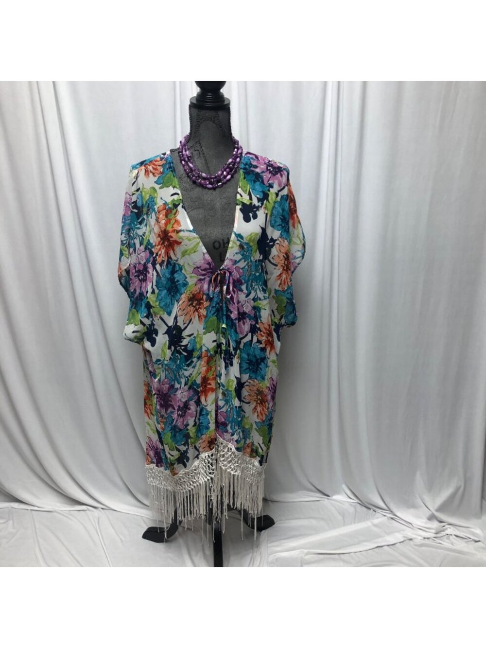 Catalina Open Front Fringed Kimono Womens Size Medium 8-10 Floral Swim Cover Up